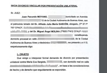 Facundo Moyano presentó una demanda unilateral de divorcio contra Eva Bargiela