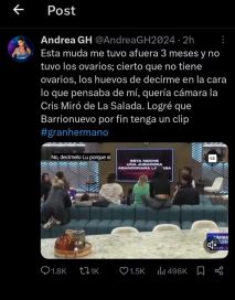 Polémica en GH: Andrea publicó violentos mensajes contra Luciana y tuvo que cerrar su cuenta