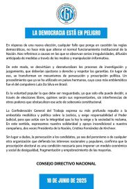 Con un duro comunicado, la CGT respaldo a Cristina y alerta sobre “persecución política”