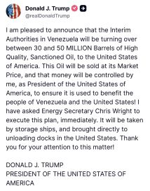 Donald Trump anunció que Venezuela entregará hasta 50 millones de barriles de petróleo